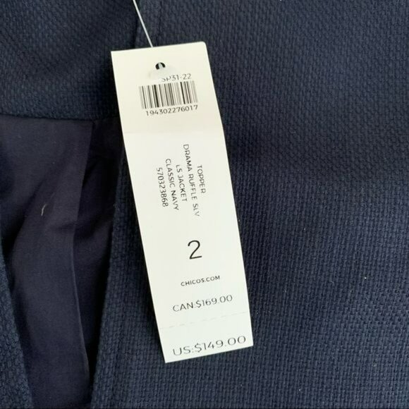 Chico’s topper drama ruffle sleeve long sleeve jacket in navy blue - 2 - Picture 5 of 8